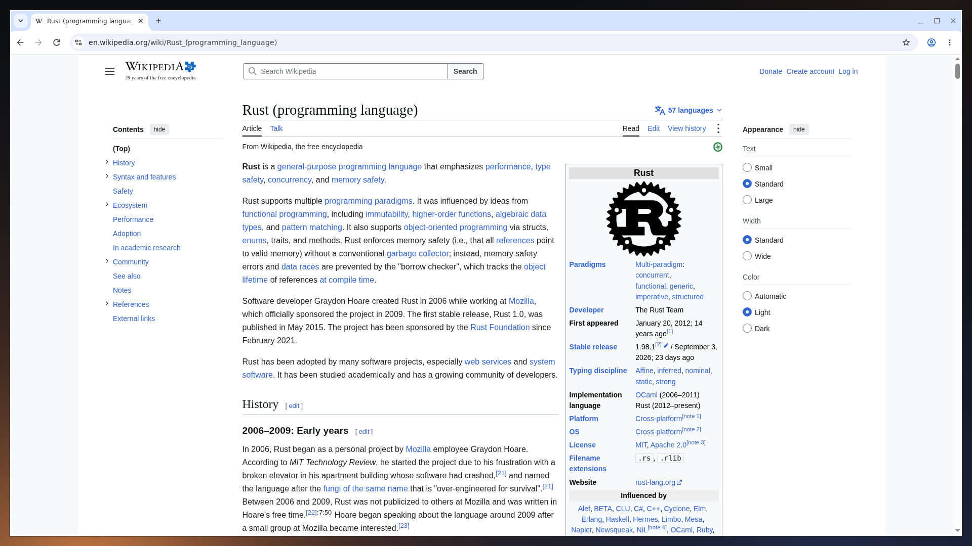 Chrome on Ferrix showing Wikipedia's article on Rust