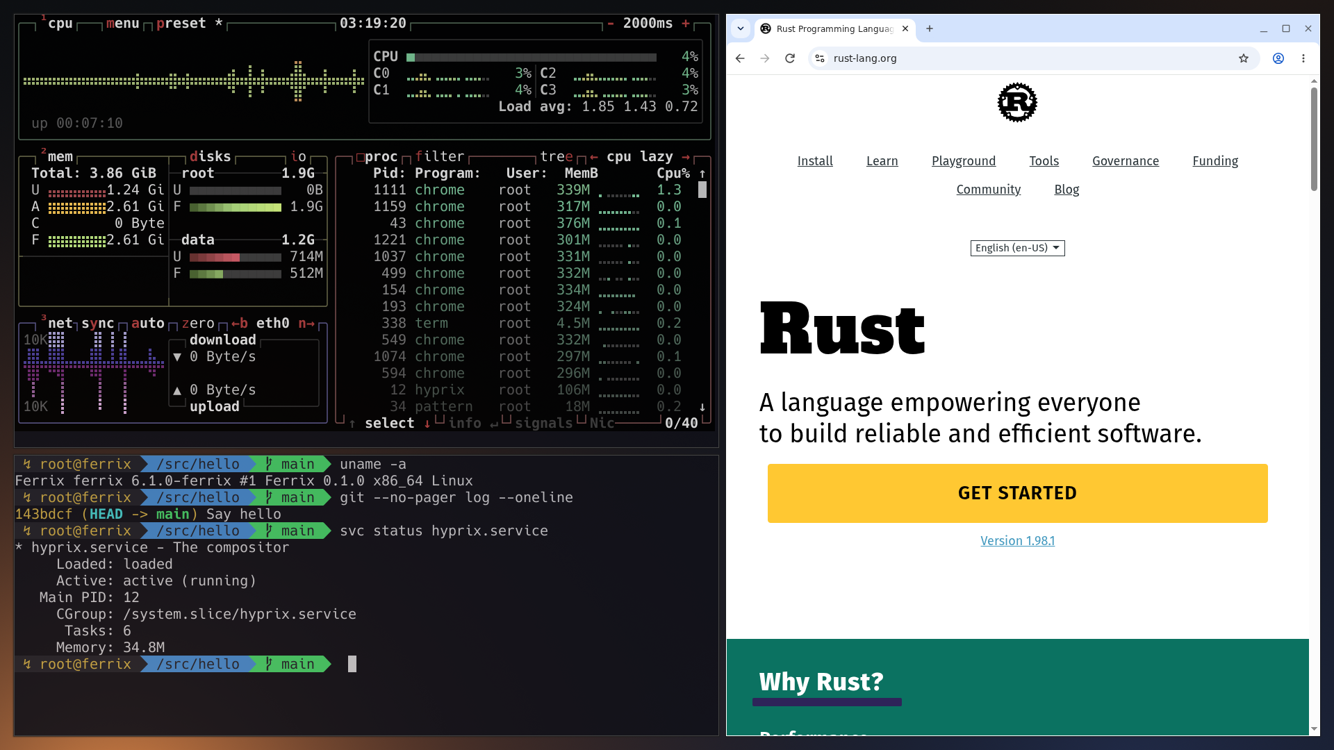 The Ferrix desktop: the hyprix Wayland compositor tiling btop, a zinc terminal and Chrome on rust-lang.org